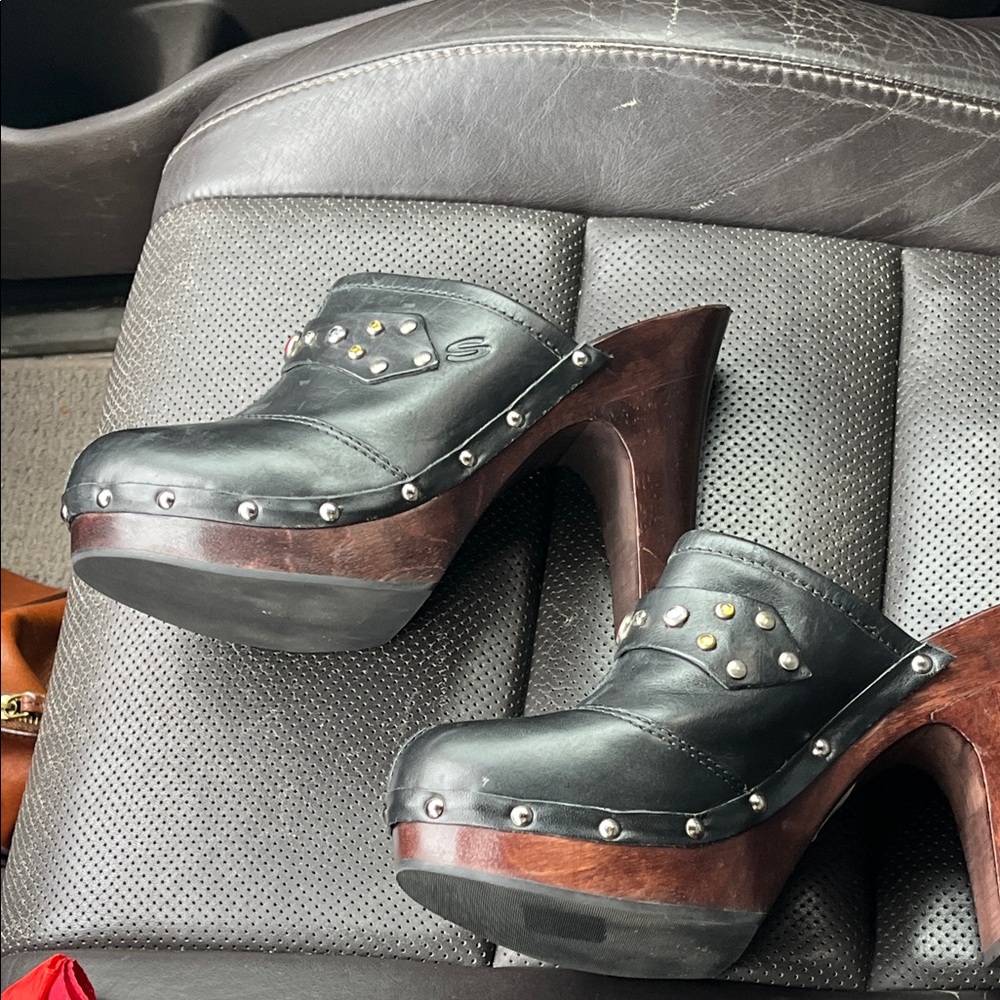 Skechers Black Leather Studded Slip-On Clogs with Red Accent Gems - Picture 3 of 11